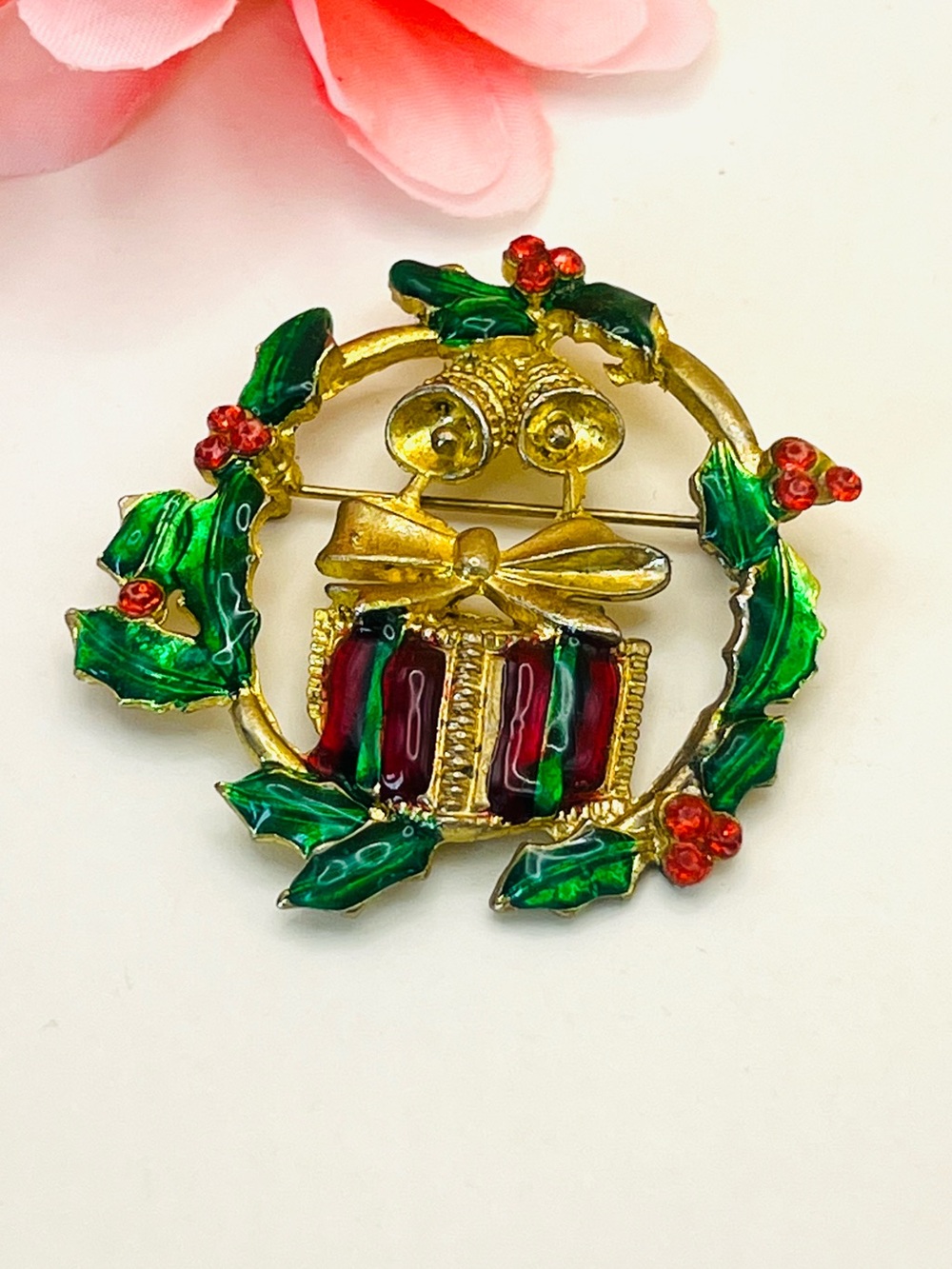 Gold-Tone Holiday Wreath Pin with Red and Green Enamel Gift Accent